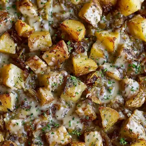 Potatoes with Lipton Onion Soup: Easy, Crispy & Amazing finished tray with melted cheese and parsley over browned cubes.