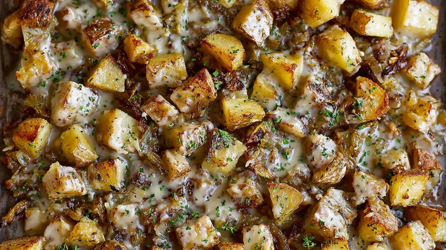 Potatoes with Lipton Onion Soup: Easy, Crispy & Amazing finished tray with melted cheese and parsley over browned cubes.