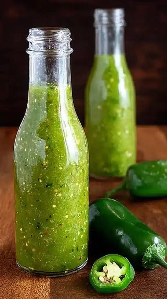 Tall glass bottle of jalapeño hot sauce with fresh jalapeños on a wooden board.