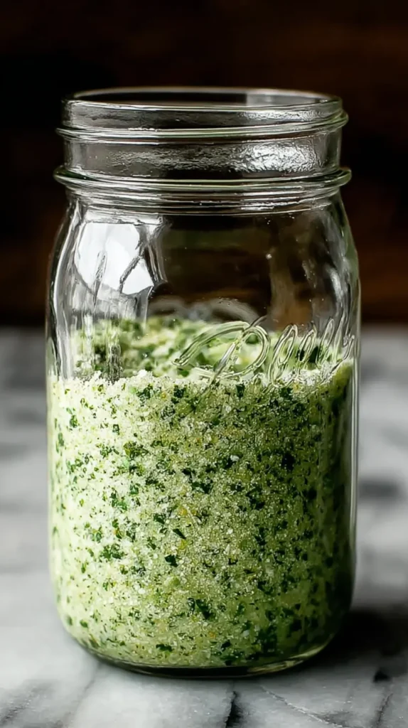Glass jar containing homemade Jalapeno Salt Recipe with visible green flecks of peppers.