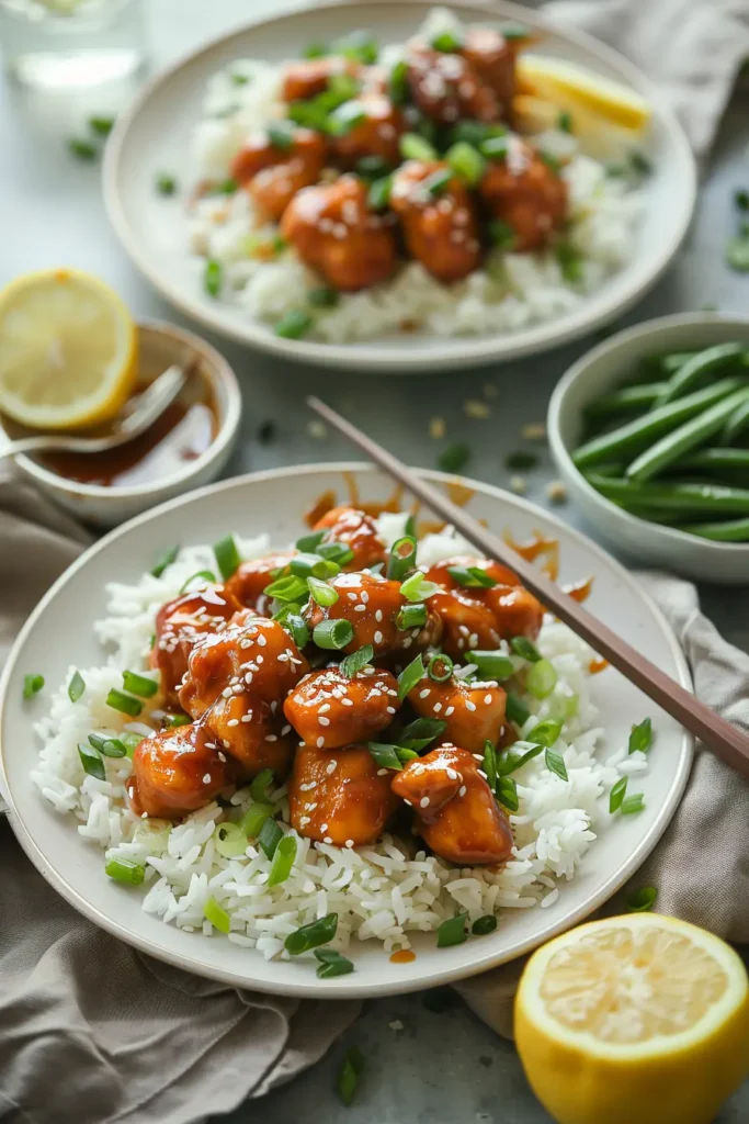 Honey butter chicken bites over white rice topped with green onions and sesame seeds, with green beans and lemon on the side.