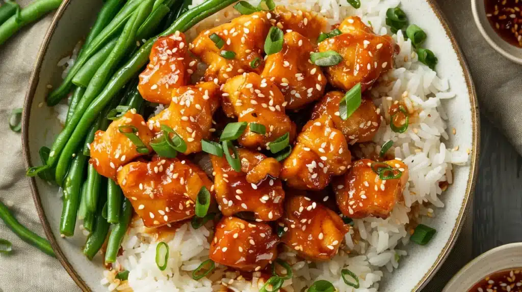 Overhead plate of honey butter chicken bites on rice with a side of green beans and sesame seed garnish.