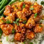 Overhead plate of honey butter chicken bites on rice with a side of green beans and sesame seed garnish.