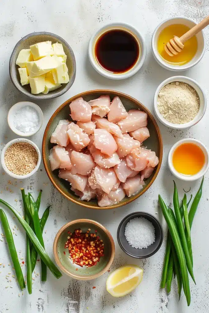 Flatlay of cubed chicken, butter, honey, soy sauce, spices, green onions, green beans, and lemon for honey butter chicken.