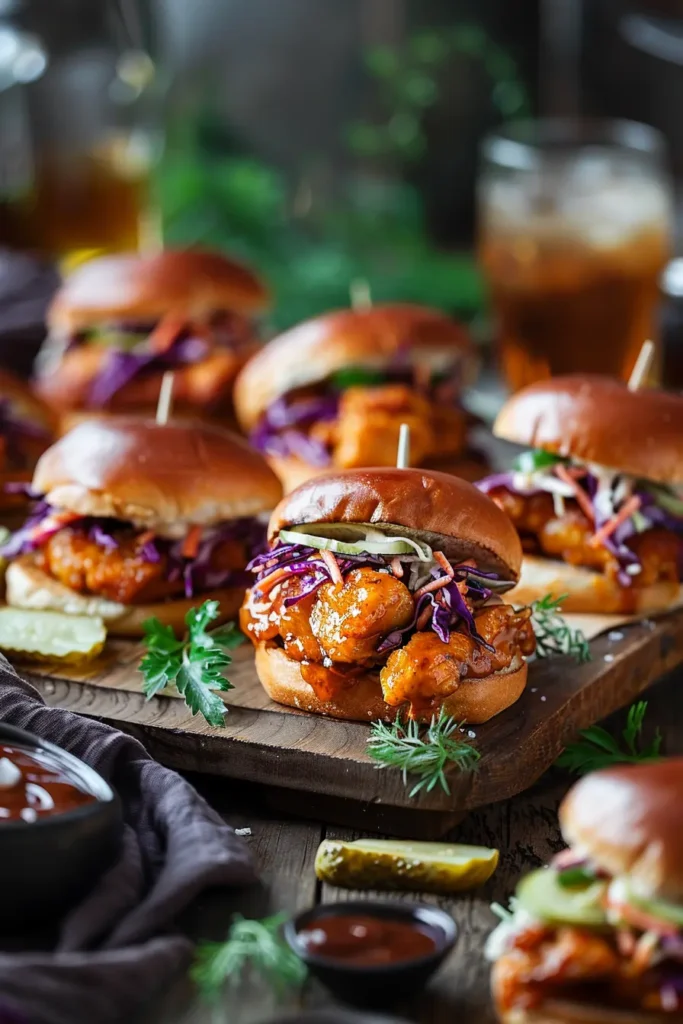 Hot Honey Chicken Sliders on Rustic Wooden Board