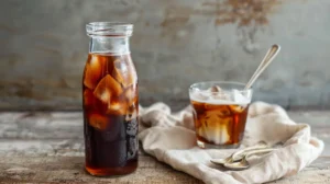 Brown Sugar Syrup Recipe for Coffee at Home Tall bottle and glass of iced coffee sweetened with brown sugar syrup on a rustic table.