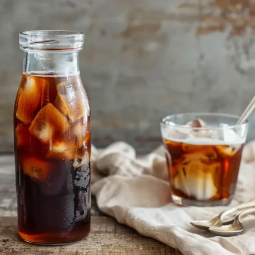Tall bottle and glass of iced coffee sweetened with brown sugar syrup on a rustic table.