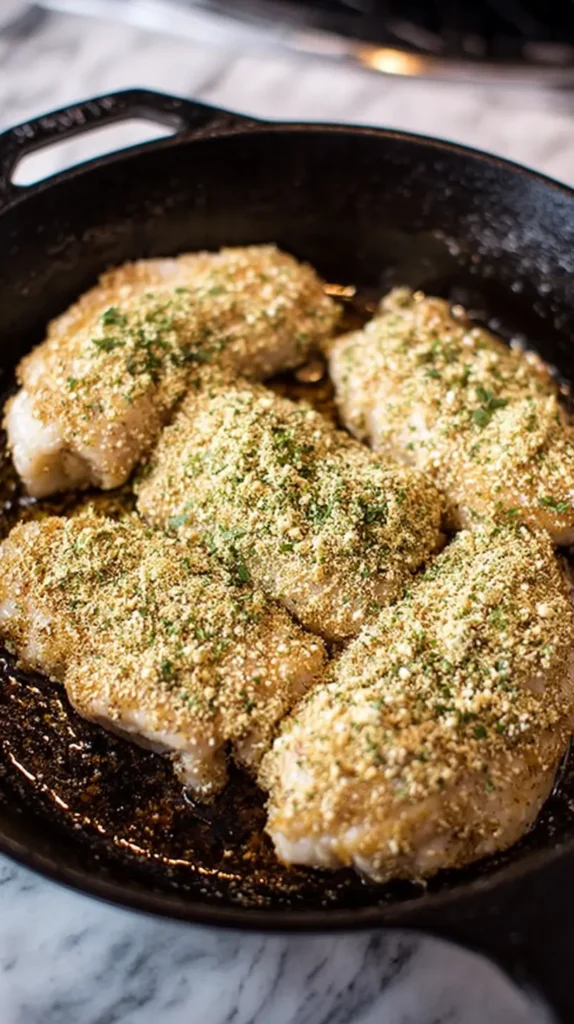 Imperial Chicken Recipe: Easy With Crispy Crust 5 Breaded chicken breasts arranged in a cast-iron skillet, ready to bake.