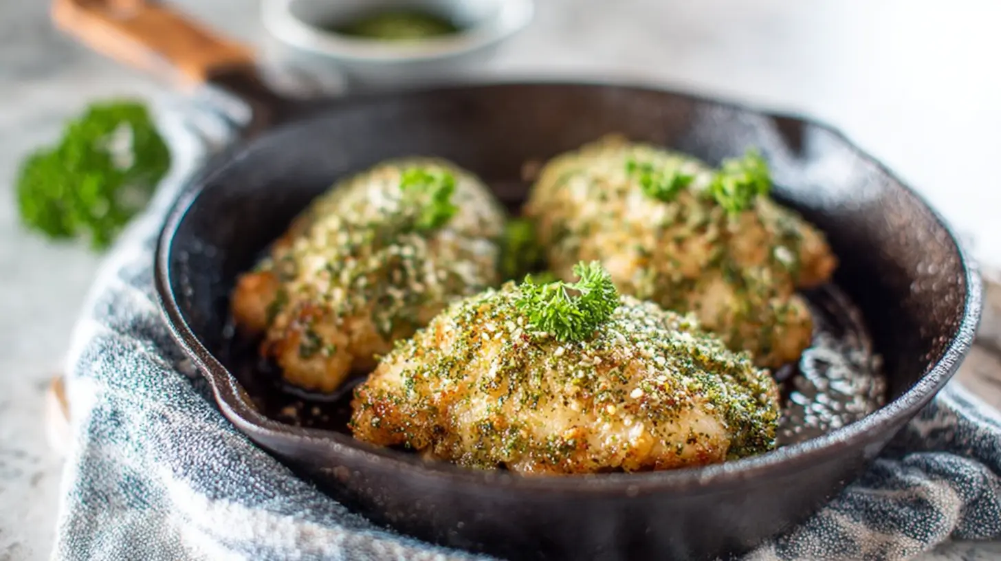 Imperial Chicken Recipe: Easy With Crispy Crust 1 Three pieces of crispy Imperial Chicken in a skillet, topped with fresh parsley.