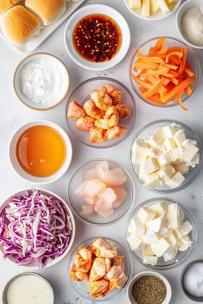 Overhead view of hot honey chicken slider ingredients in small bowls, including raw chicken, shredded cabbage, carrots, hot honey mixture, spices, buns, and creamy dairy ingredients on a light surface.