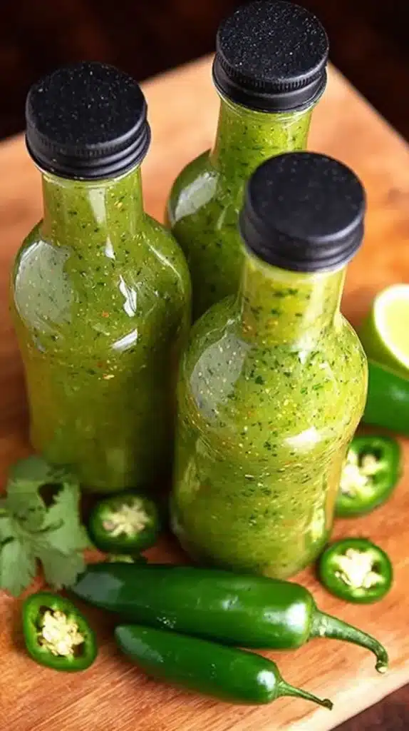 Three glass bottles of homemade jalapeño hot sauce on a wooden board with fresh jalapeños and cilantro.