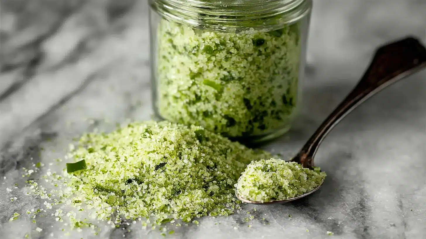 Pile of jalapeño salt spilled on marble with a spoonful next to a small jar.