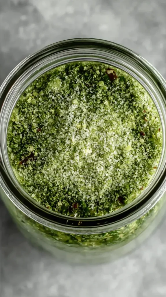 Top view of a jar filled with freshly made green jalapeño salt.