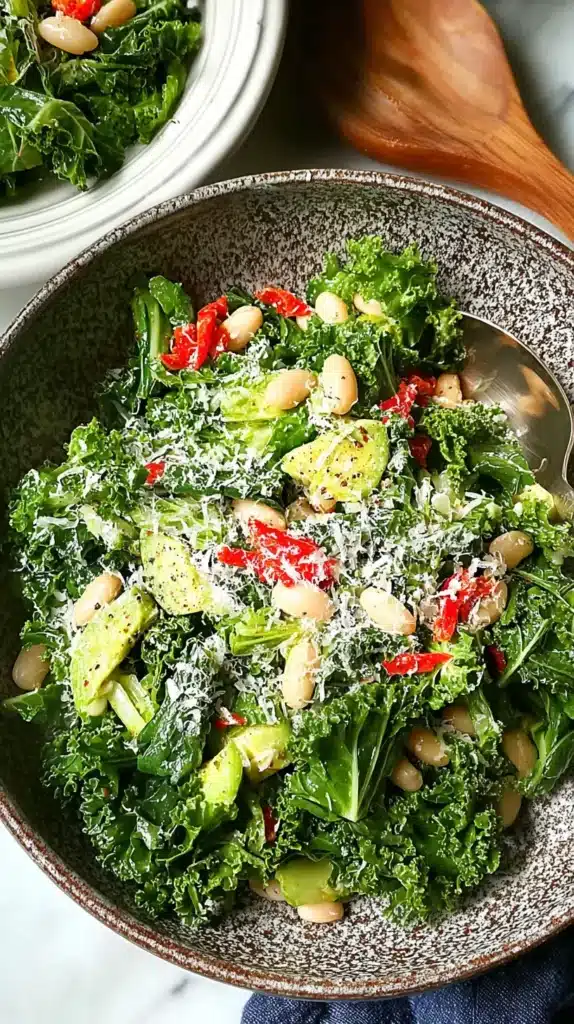 Overhead view of kale and white bean salad in a speckled bowl, topped with avocado, sun-dried tomatoes, and grated cheese.