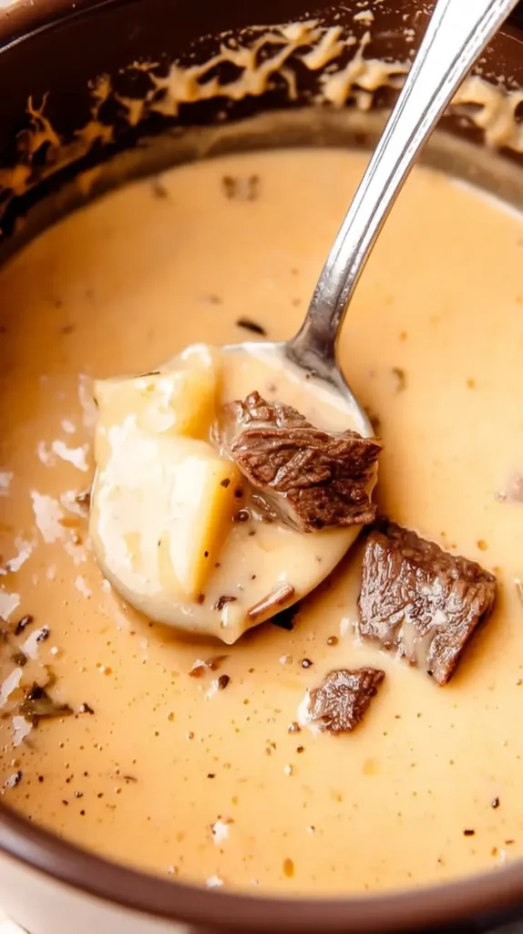 Creamy Steak and Potato Soup: Hearty & Amazing ladled from the pot, showing thick broth with steak and potato bites.