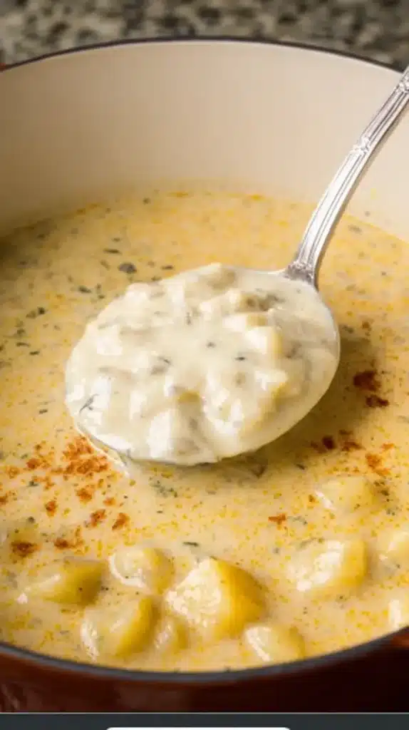 Baked Potato Soup Using Hash Browns: Easy & Amazing ladled up to show thick, creamy texture and potato chunks.