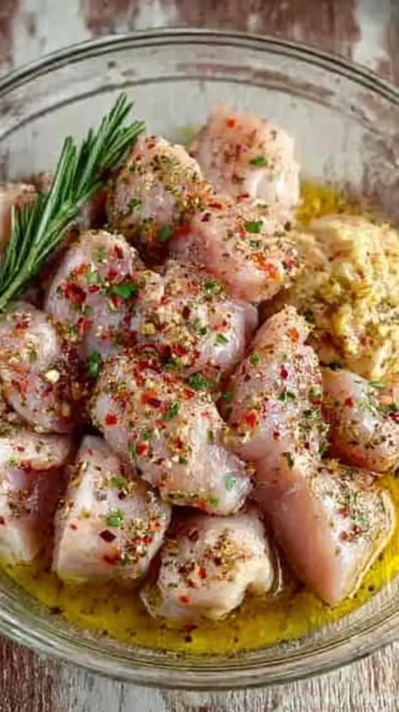 Raw chicken chunks marinating in lemon garlic oil with herbs and chili flakes.
