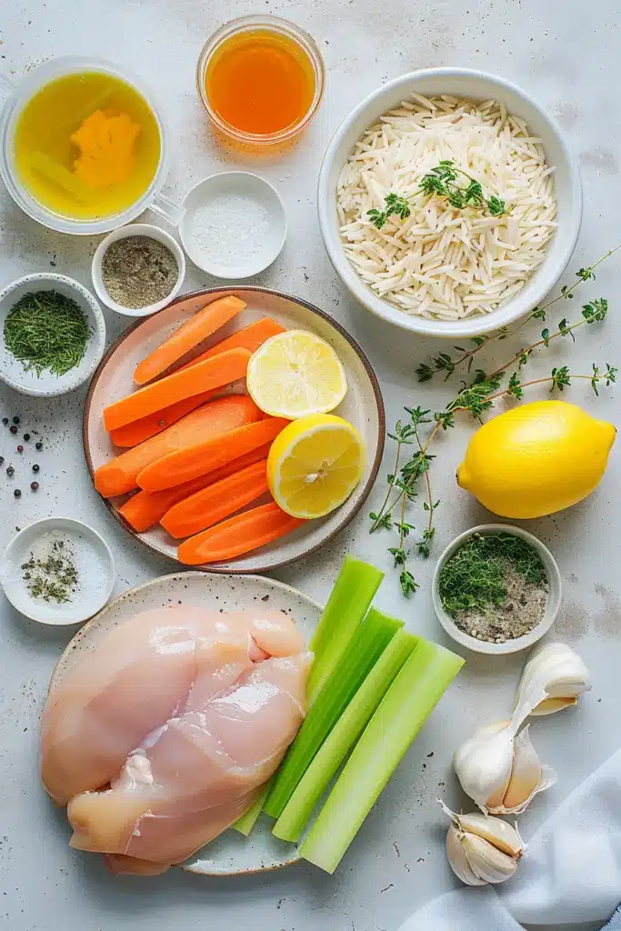 Lemon chicken soup ingredients flatlay with raw chicken, carrots, celery, rice or orzo, lemons, broth, herbs, and garlic.
