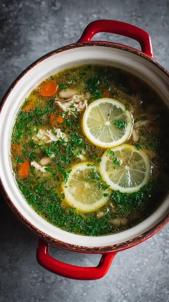Chicken and white bean soup simmering in a red Dutch oven with lemon slices and fresh herbs on top.