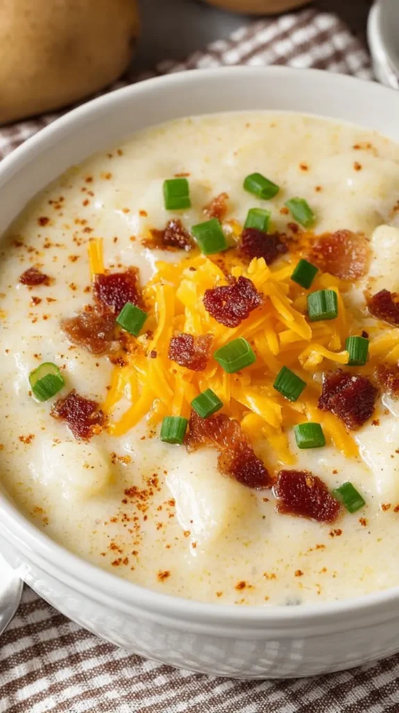 Baked Potato Soup Using Hash Browns: Easy & Amazing close-up of creamy bowl with cheddar and green onions.