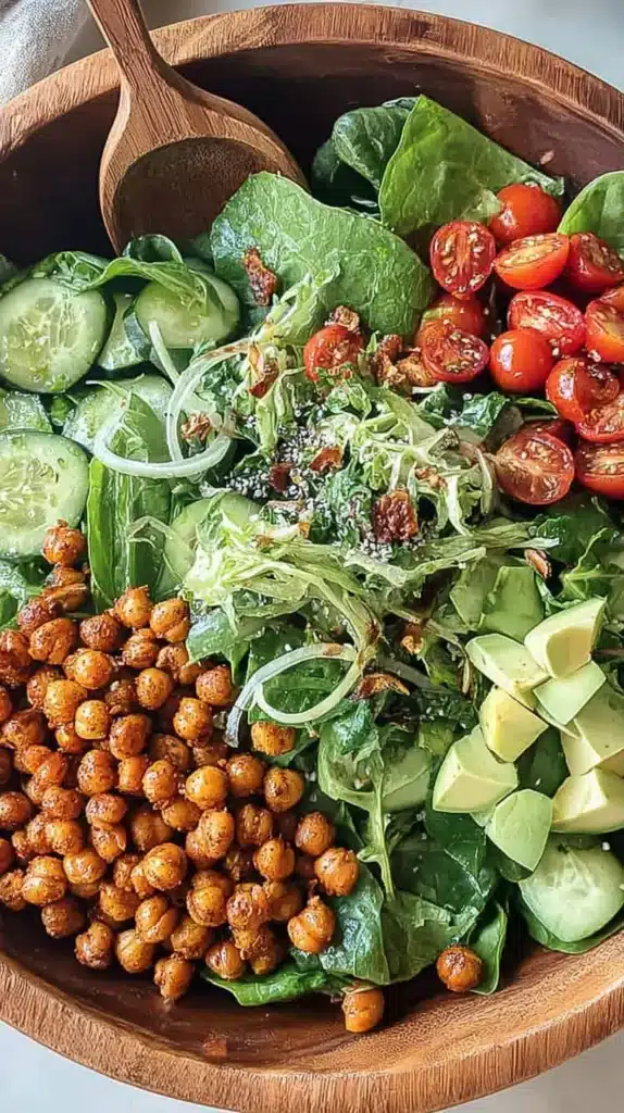Super greens salad bowl arranged with crunchy chickpeas, avocado, cucumbers, and cherry tomatoes
