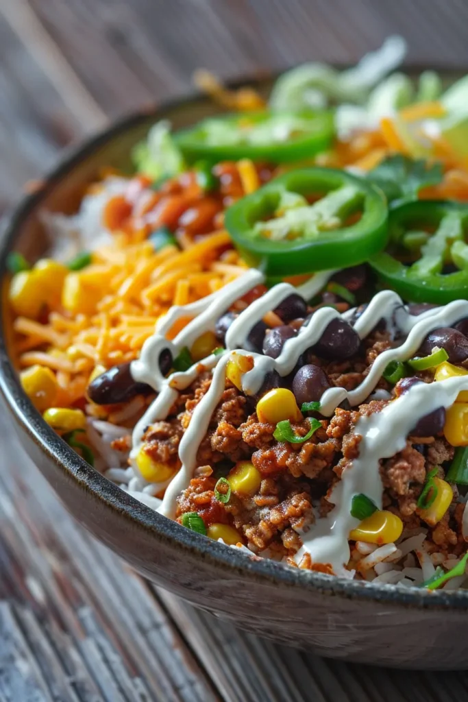 Close-up of a taco rice bowl topped with seasoned ground beef, black beans, corn, shredded cheddar, sliced jalapeños and creamy sauce