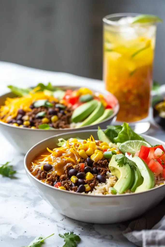 Two taco rice bowls topped with seasoned ground beef, black beans, corn, avocado slices, tomatoes, cheese, and lime wedges with a glass of tropical juice in the background