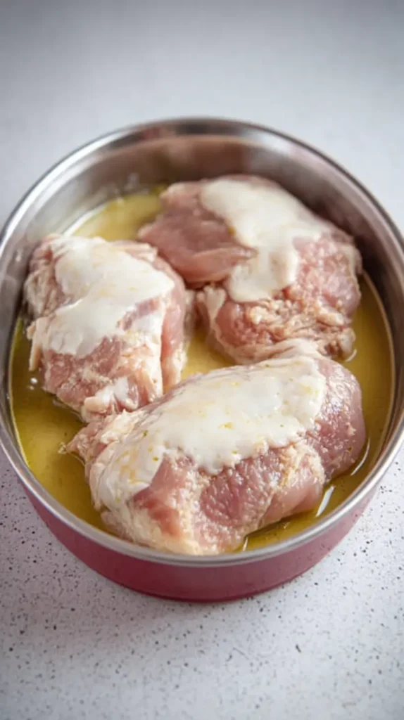 Imperial Chicken Recipe: Easy With Crispy Crust 4 Raw chicken pieces soaking in a creamy lemon-garlic marinade in a shallow pan.