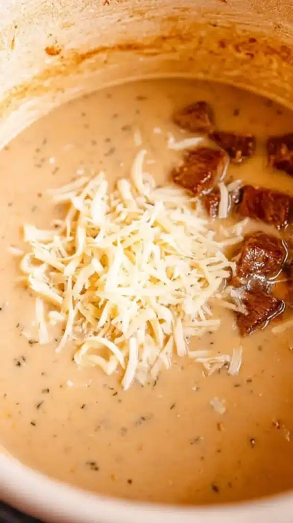 Creamy Steak and Potato Soup: Hearty & Amazing with shredded cheese melting into the creamy base beside seared beef.