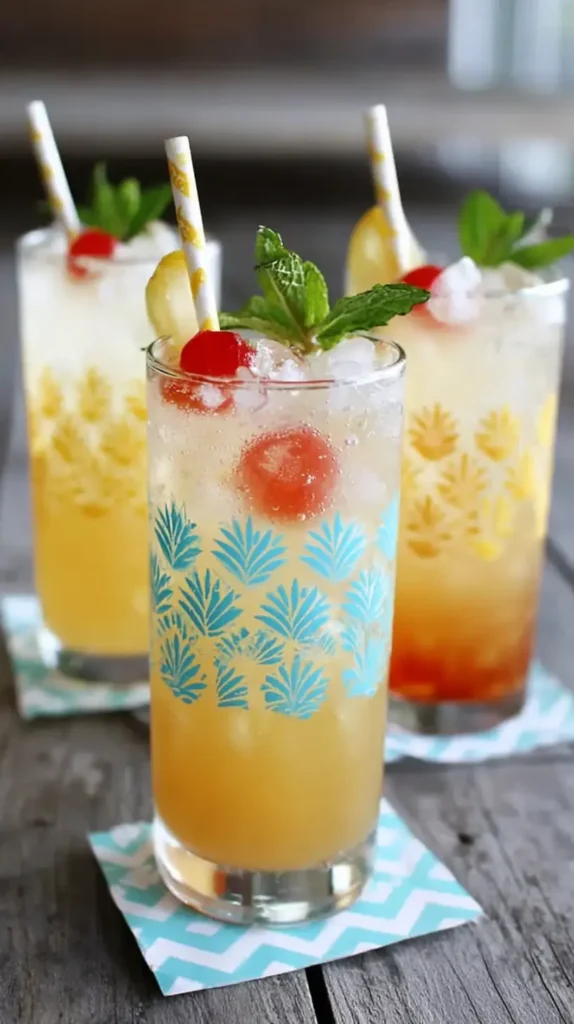 Lemonade mocktails with mint sprigs, cherries, and lemon slices in decorative tall glasses.