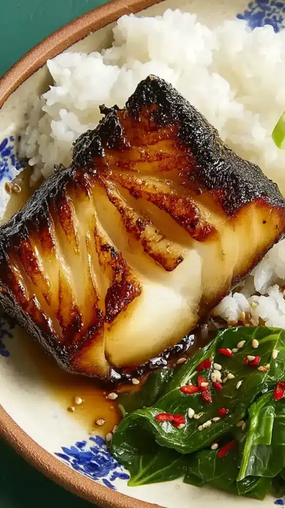 close-up of caramelized miso black cod fillet with charred edges served beside fluffy white rice and sesame-chili greens on a ceramic plate