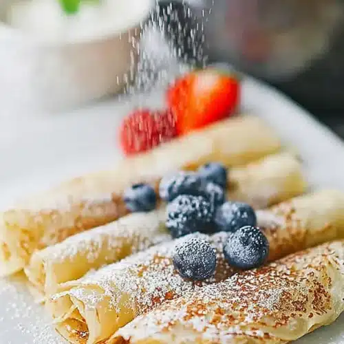 Norwegian Pancakes rolled on a plate with blueberries and powdered sugar falling