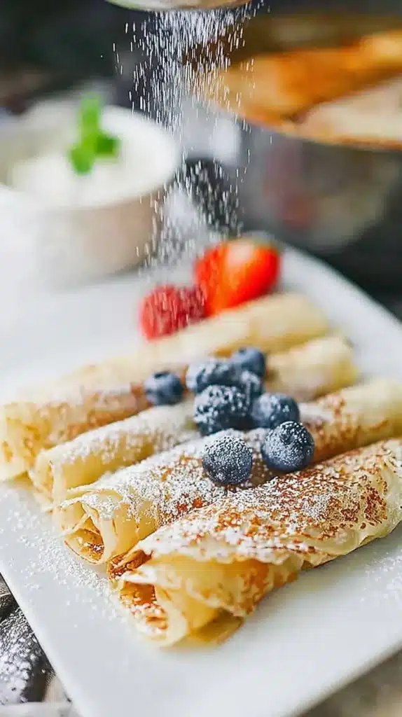 Norwegian Pancakes rolled on a plate with blueberries and powdered sugar falling