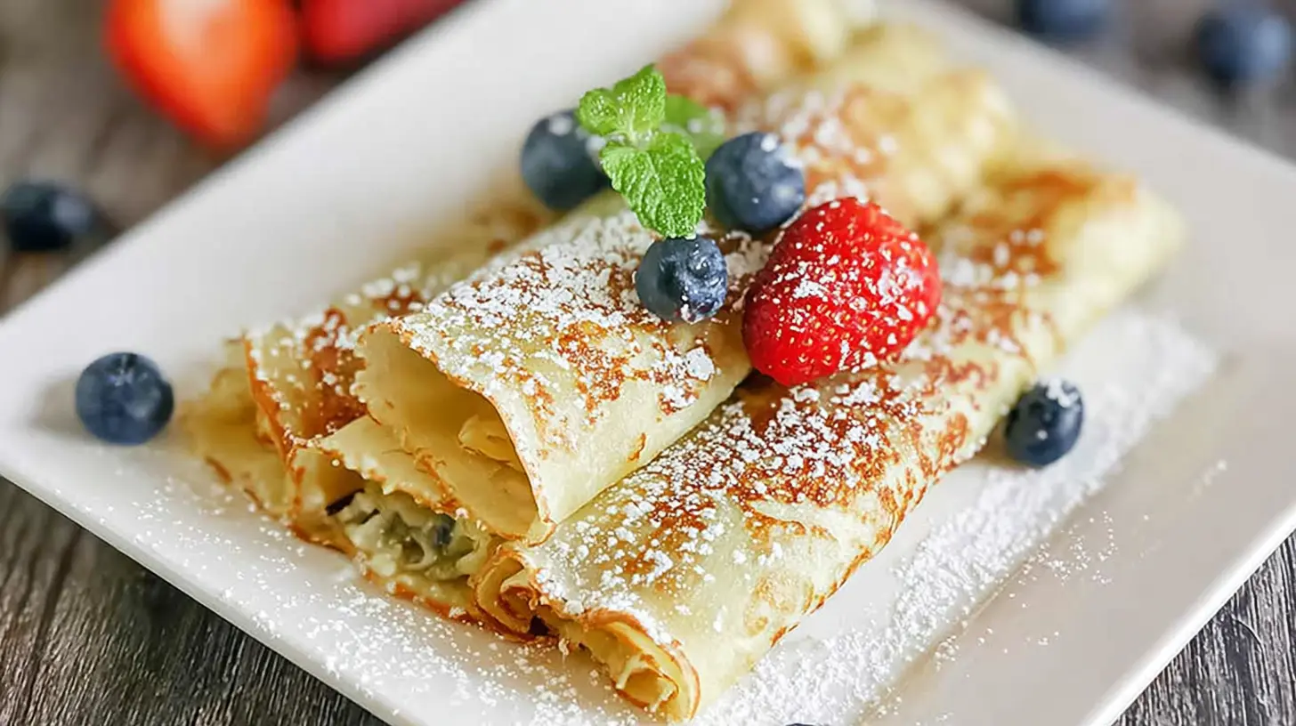 Rolled Norwegian pancakes on a white platter, dusted with powdered sugar and garnished with blueberries, strawberry, and mint