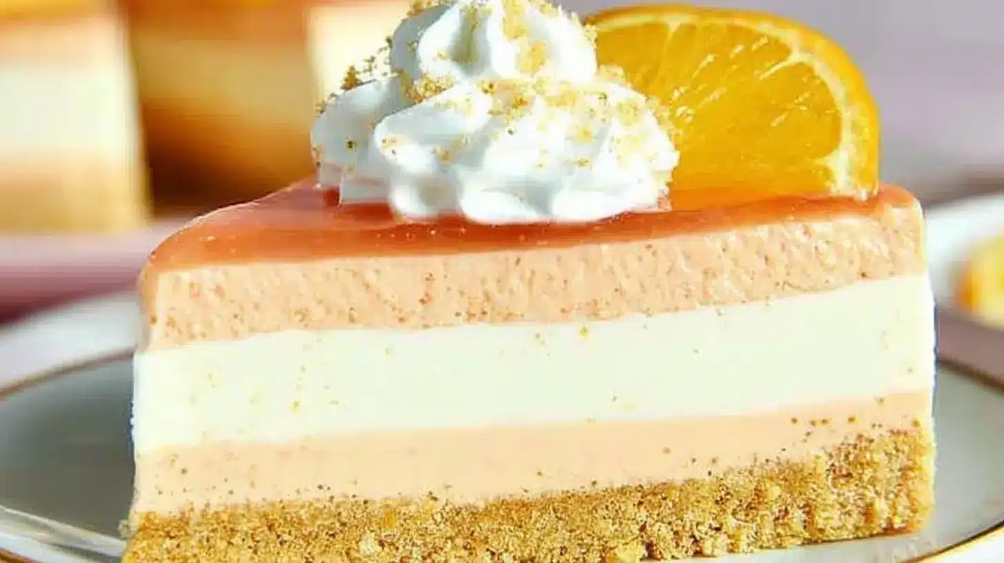 Orange Cream Cheesecake Recipe: Easy No-Bake Layers 1 Slice of no-bake orange cream cheesecake with three creamy layers, graham cracker crust, whipped cream, and an orange slice on top.