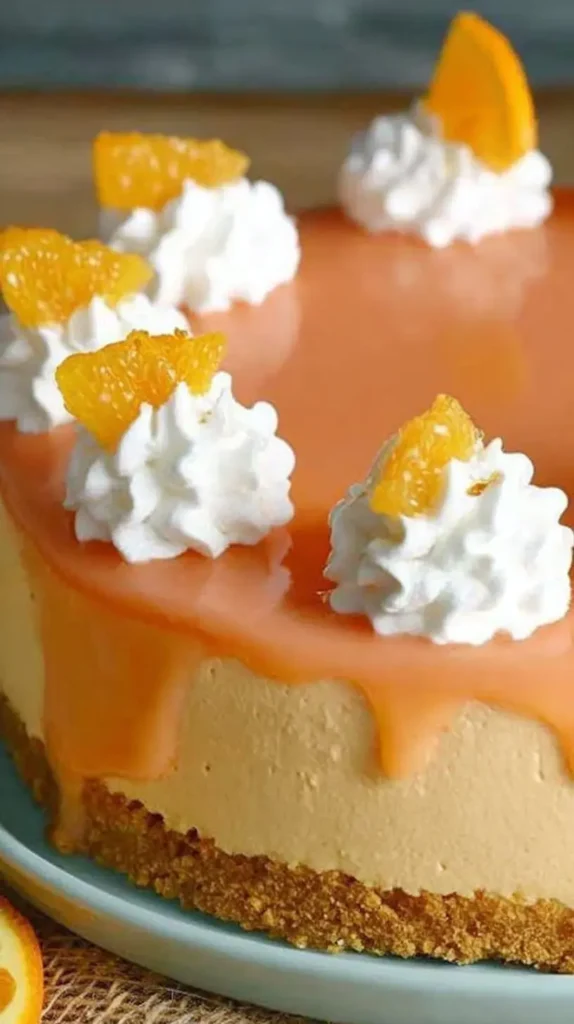 Orange Cream Cheesecake Recipe: Easy No-Bake Layers 3 Slice of orange creamsicle cheesecake with glossy orange glaze, whipped cream swirls, and mandarin pieces on a graham crust