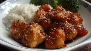 Crispy bite-size chicken tossed in a glossy orange marmalade glaze, sprinkled with black and white sesame seeds, served with rice and broccoli