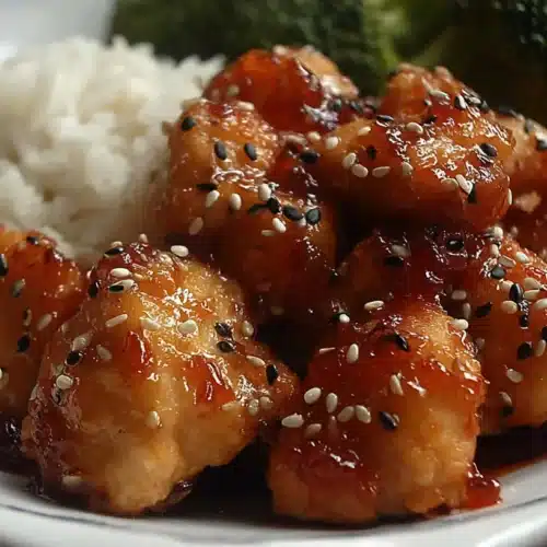Crispy bite-size chicken tossed in a glossy orange marmalade glaze, sprinkled with black and white sesame seeds, served with rice and broccoli