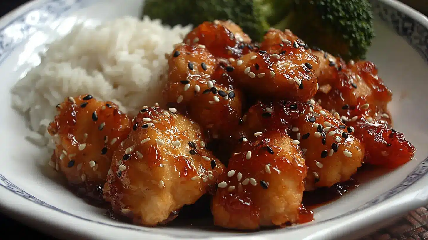 Crispy bite-size chicken tossed in a glossy orange marmalade glaze, sprinkled with black and white sesame seeds, served with rice and broccoli