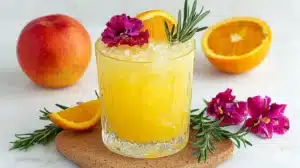 Close-up of a chilled orange-rosemary mocktail in a cut-glass tumbler topped with crushed ice, an orange slice, a rosemary sprig, and a pink edible flower, with fresh oranges in the background.