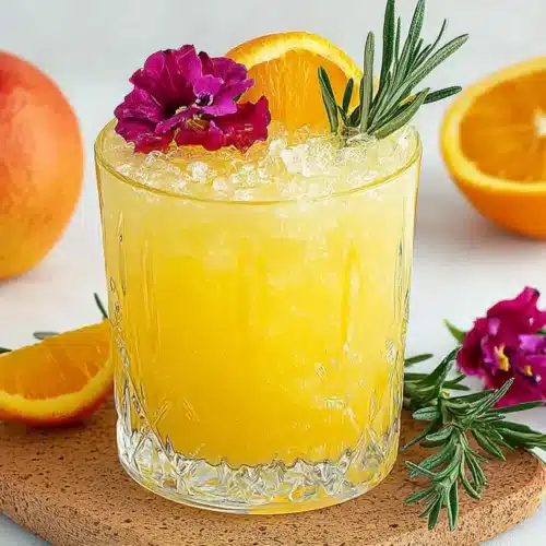 Close-up of a chilled orange-rosemary mocktail in a cut-glass tumbler topped with crushed ice, an orange slice, a rosemary sprig, and a pink edible flower, with fresh oranges in the background.