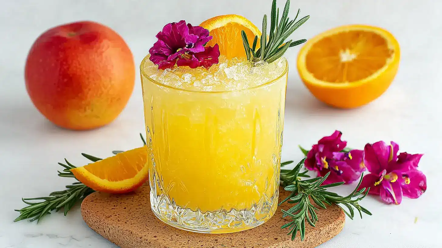 Close-up of a chilled orange-rosemary mocktail in a cut-glass tumbler topped with crushed ice, an orange slice, a rosemary sprig, and a pink edible flower, with fresh oranges in the background.