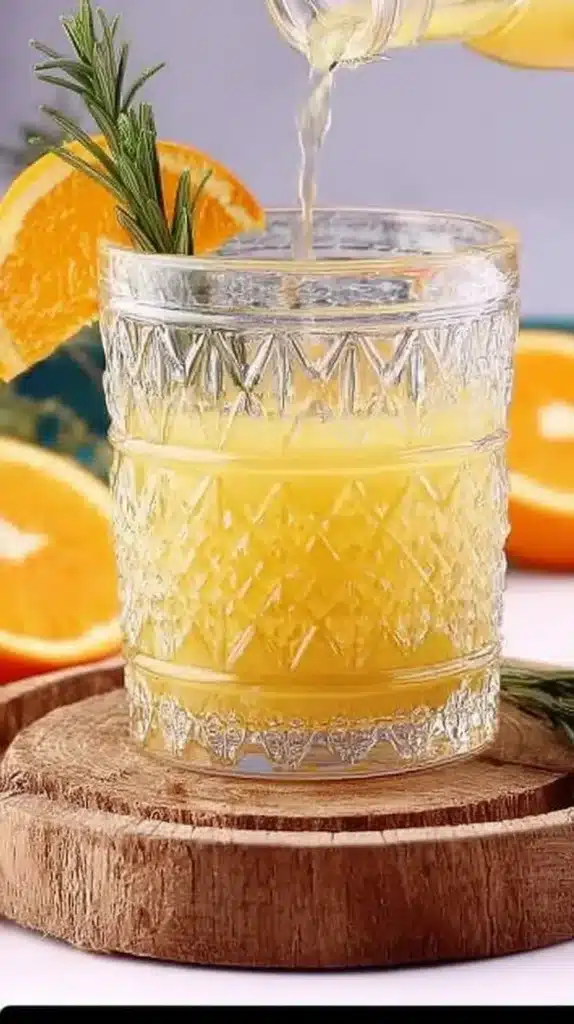 Orange rosemary mocktail poured over ice in a cut-glass tumbler with orange wedge and fresh rosemary