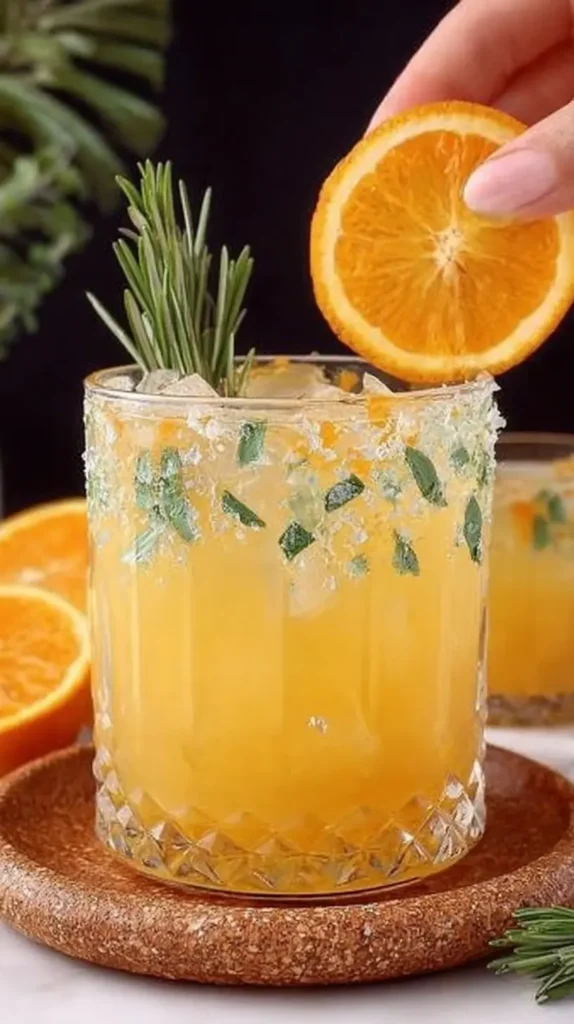 Hand garnishing an orange rosemary mocktail with an orange slice and rosemary (Orange rosemary drink recipe)  sprig in a crystal glass