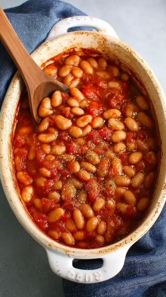 Low sodium baked beans baked in a casserole dish with tomato sauce and herbs.