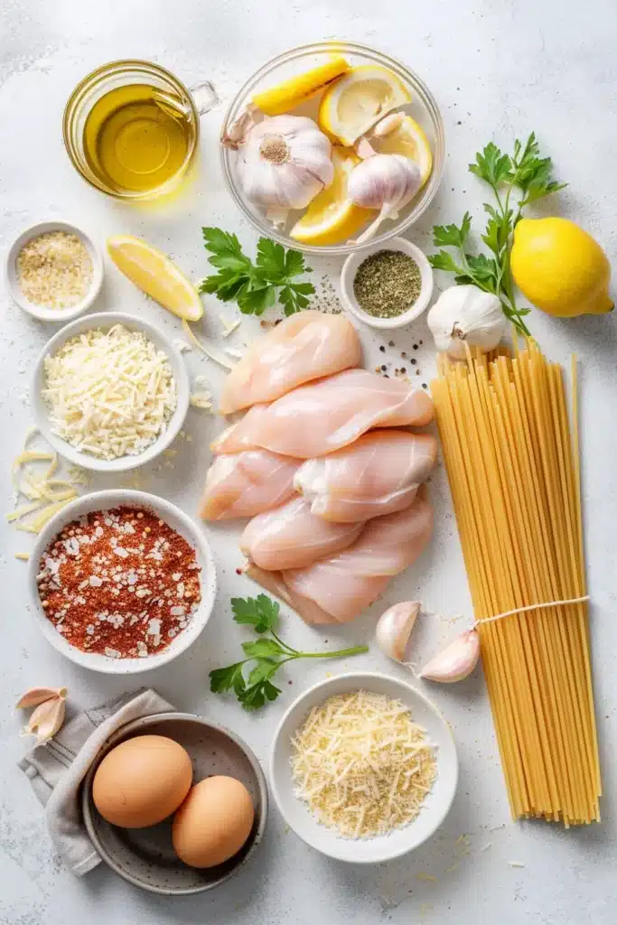 Overhead view of parmesan chicken bake ingredients, including raw chicken breasts, dry spaghetti, olive oil, garlic, lemons, eggs, parmesan cheese, seasonings, and fresh parsley arranged on a light surface.