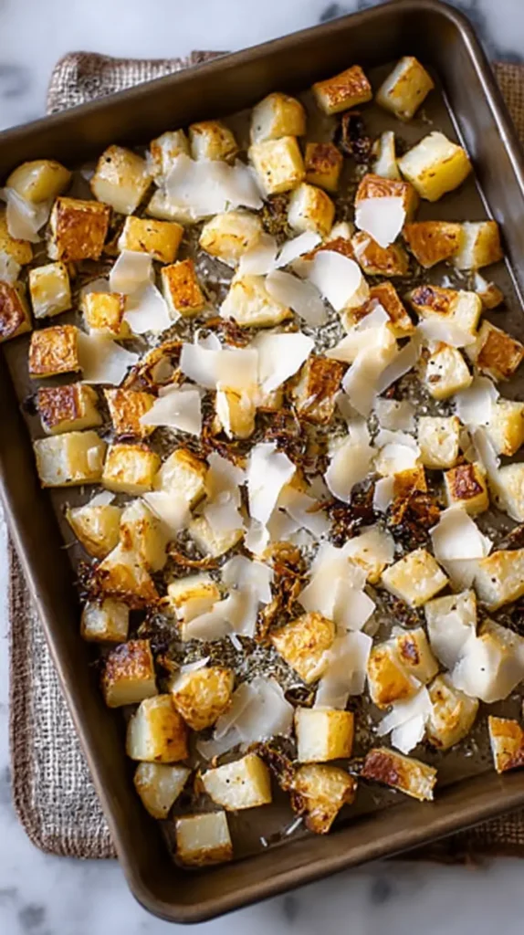 Potatoes with Lipton Onion Soup: Easy, Crispy & Amazing baked on a tray and topped with Parmesan shavings.