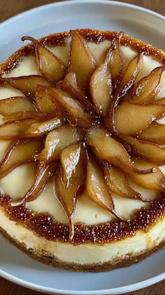 Ginger Pear Cheesecake Recipe: Simple & Stunning 2 Ginger Pear Cheesecake Recipe: Simple & Stunning close-up of pear rosette glistening with caramel on creamy cheesecake.