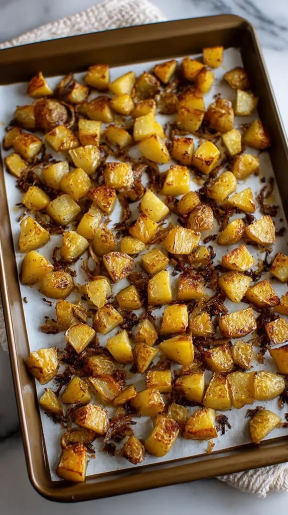 Potatoes with Lipton Onion Soup: Easy, Crispy & Amazing golden and caramelized on a parchment-lined baking sheet.