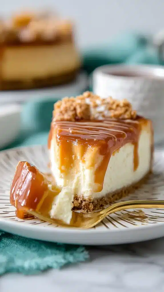Caramel Cheesecake Tort Recipe: Simple, Luxurious plated slice with glossy caramel and a gold fork.